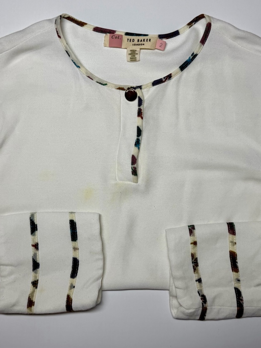 Ted Baker London White Blouse Women’s 2 Multicolor Trim Long Sleeve